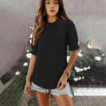 new women's solid color button-down crew neck ruched mid-sleeve top for cross-border
