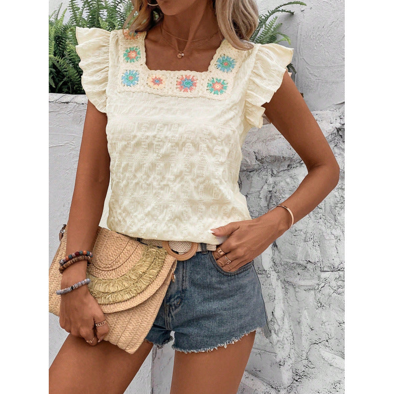 Ready-to-ship, export-quality, 1688 square-neck, crochet-trimmed, flutter-sleeve, solid-color women's top
