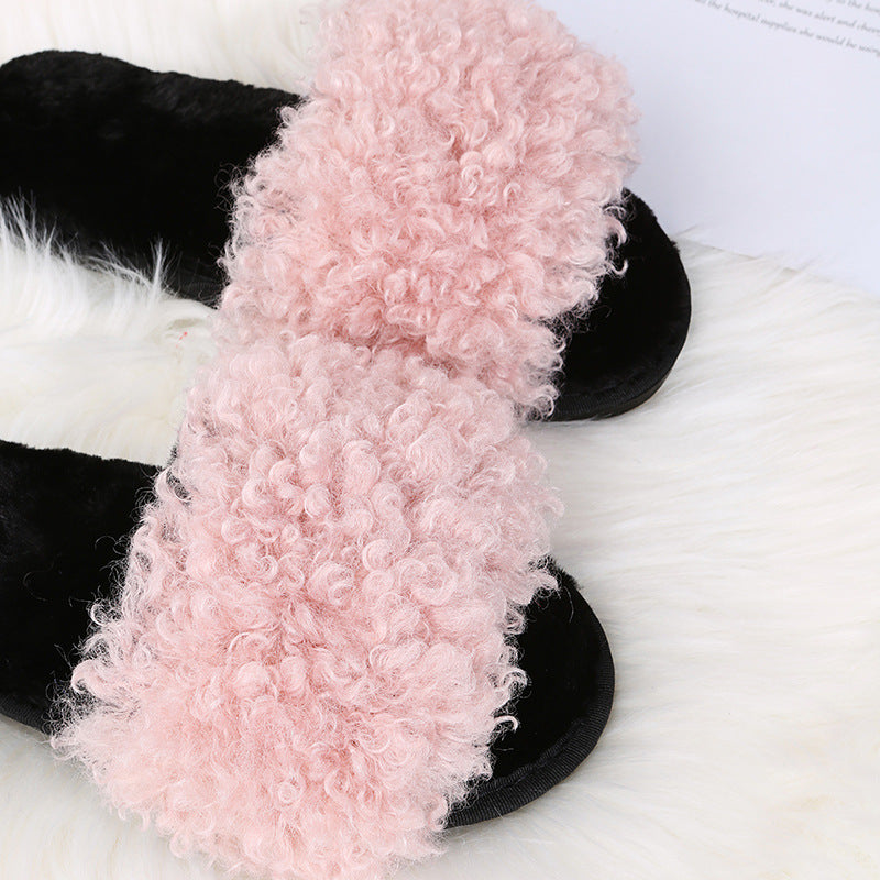 Thick sole lamb wool slippers women's 2024 fall and winter new arrivalfashioncasualflats fur slippers women's outwear