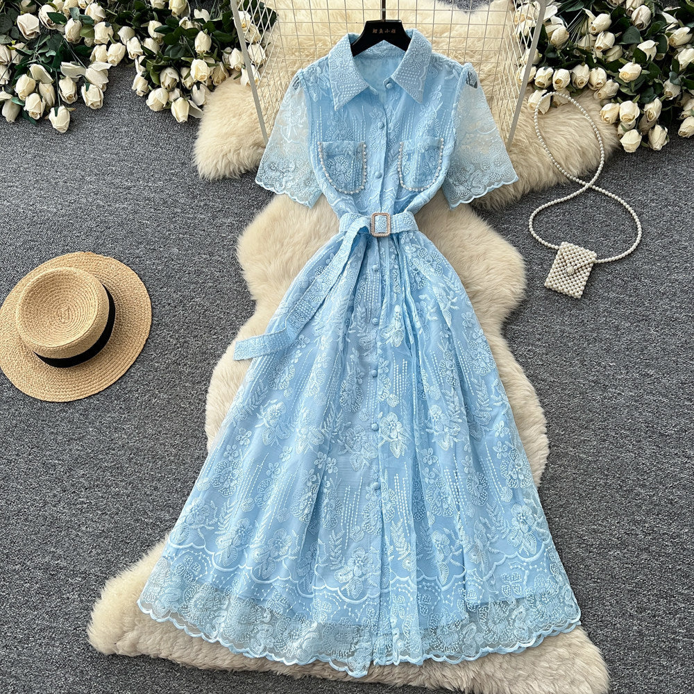 French chic embroidered lace dress - women's summer korean style a-line midi dress with cinched waist - perfect for work and everyday wear