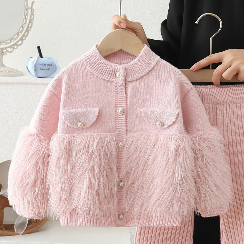 Girls' fuzzy solid color cardigan knit set - new  korean style kids' sweater two-piece outfit for autumn and winter