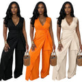 C7786 cross-border  new women's sleeveless v-neck criss-cross tie-up slit top wide-leg commuter jumpsuit