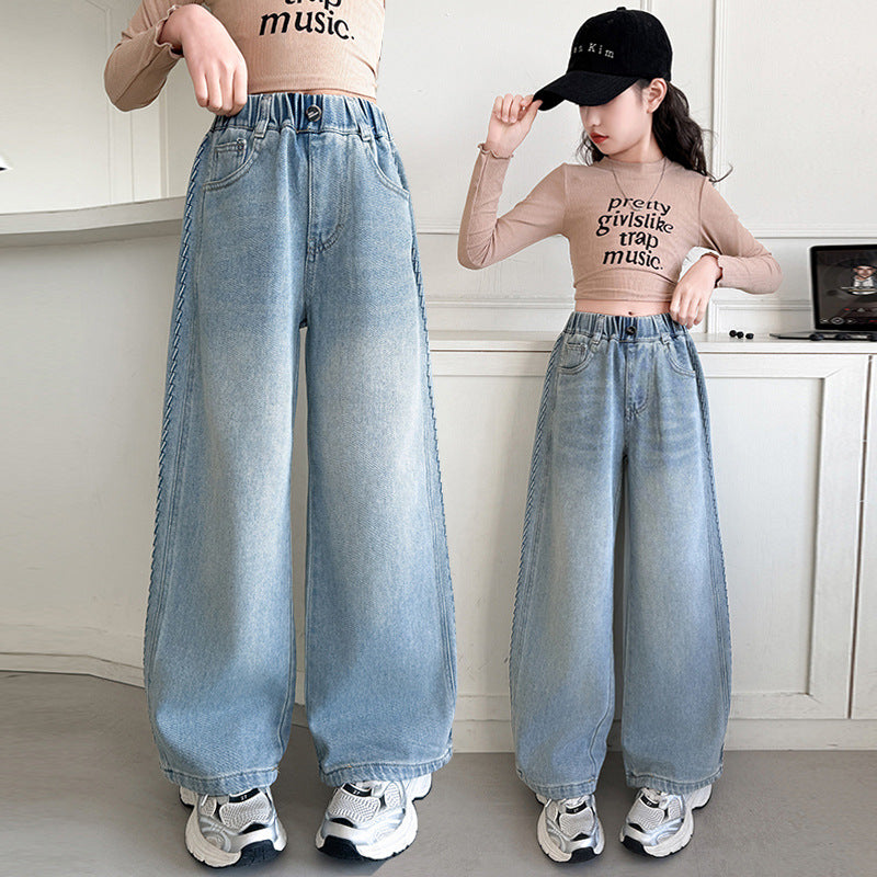 Girls' denim wide-leg pants - spring/autumn  new korean style casual trousers for children and teens - loose fit straight leg jeans