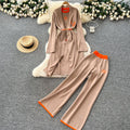 European and american fashion color block crew neck short sleeve knit top + cinched waist longline outerwear jacket + high-waisted pants three-piece set