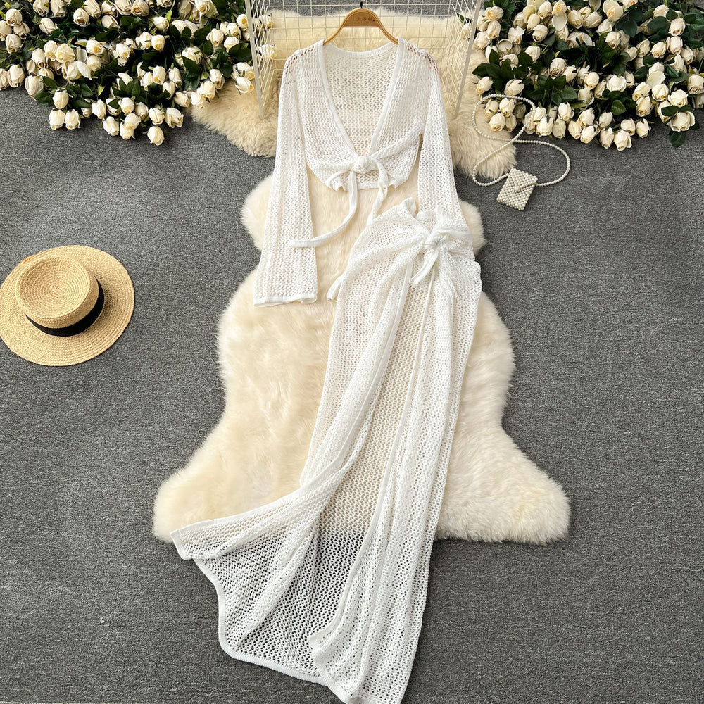 Beach vacation style suit female niche style popular tie back waist long sleevesknitting shirt cut out skirt suit