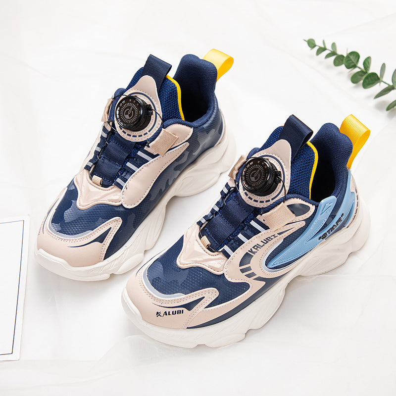 New leather sports running shoes for primary and secondary school students, rotating buckle handsome boys, spring and autumn versatile basketball shoes for girls