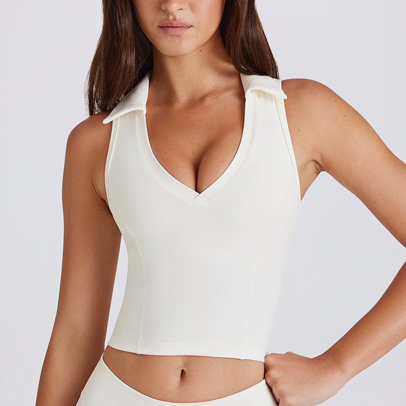 Sleeveless running pilates workout v-neck top vest with padded bra, color block turn-down collar yoga set