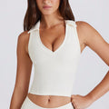 Sleeveless running pilates workout v-neck top vest with padded bra, color block turn-down collar yoga set
