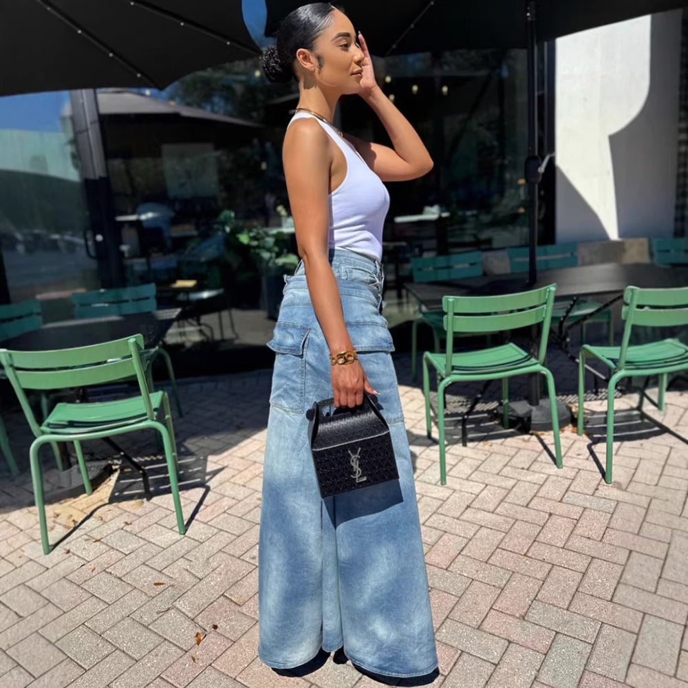 European and american style faux two-piece denim skirt jeans -  cross-border women's fashion streetwear trendy symmetrical slit jeans