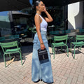 European and american style faux two-piece denim skirt jeans -  cross-border women's fashion streetwear trendy symmetrical slit jeans