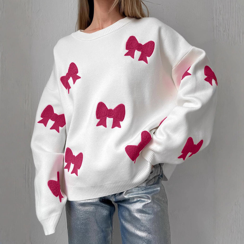 European and American  sweet wind pink bow crew neck pullover loose casual knitted sweater autumn and winter women's clothing