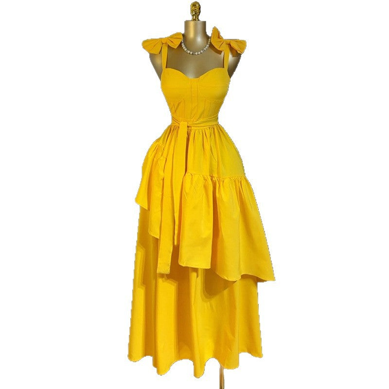 European and american cross-border women's fashion:  summer new arrival - elegant bow high-waisted asymmetrical midi slip dress