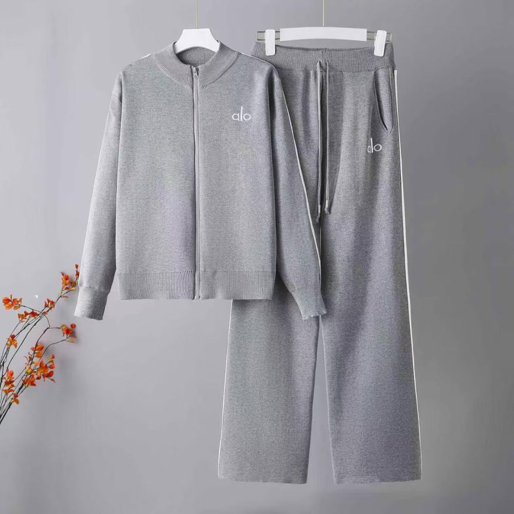 cross-border autumn/winter new arrival: casual crewneck long sleeve zip-up knit top + drawstring pants two-piece set