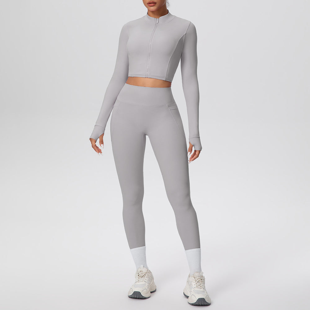 Cropped zip-up yoga set: high-waisted, butt-lifting leggings with pockets - perfect for running, fitness, and casual wear
