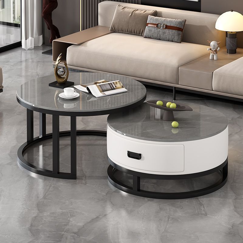 Italian round rock slab high-end tea table, small apartment coffee table, living room home modern minimalist light luxury table set