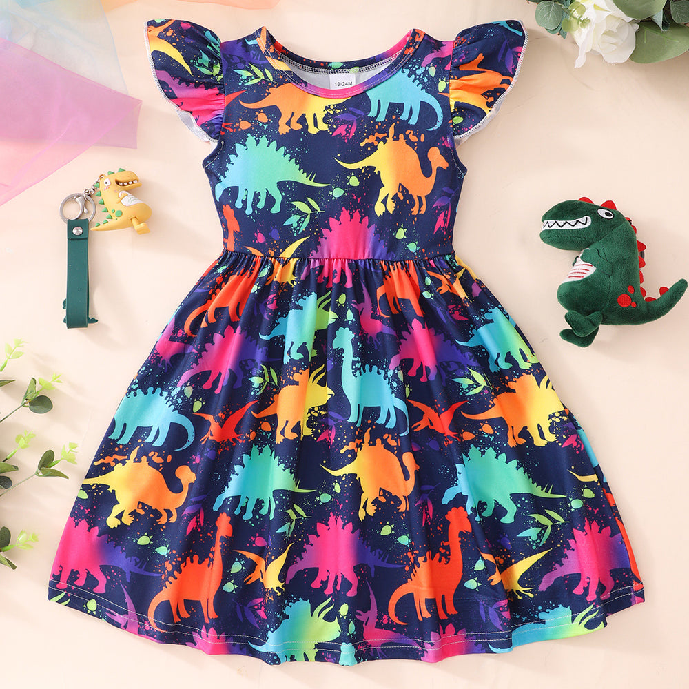 Festive kids' flutter sleeve dinosaur heart print dress