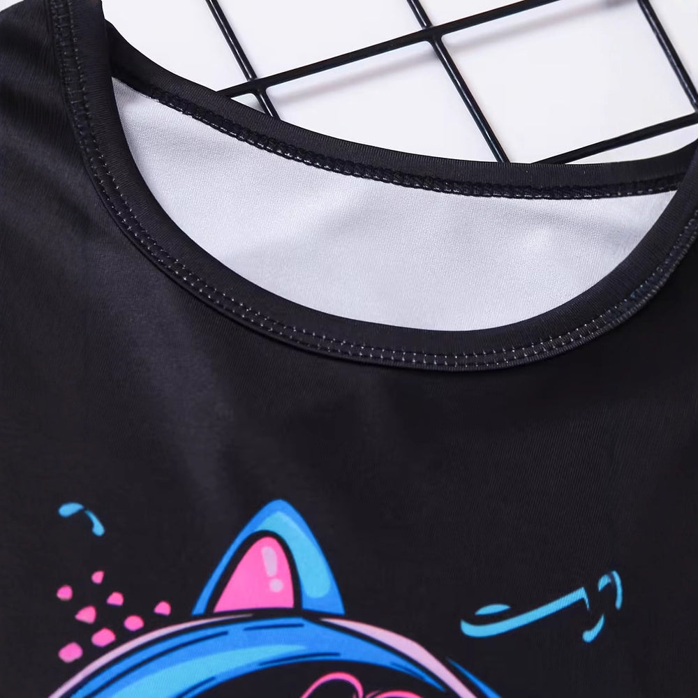 Girls' t-shirt and shorts set, featuring a trendy headphone graphic and letter print in a vibrant, european-inspired hip-hop style