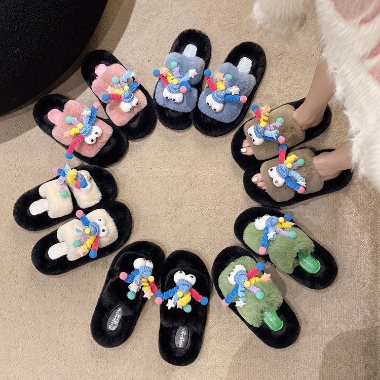 Fuzzy slippers women's outerwear 2025 new korean style ins trendy shoes autumn and winter one-strap thick-soled cotton slippers spring and summer