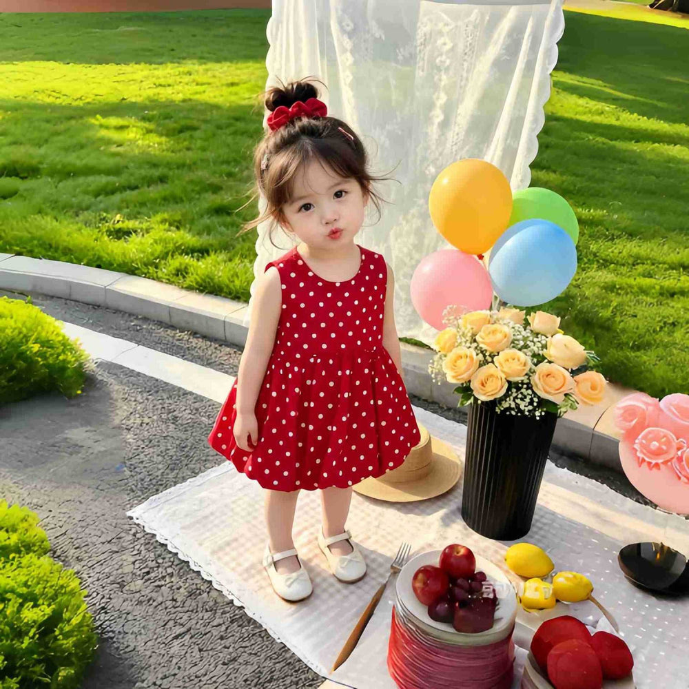 Infant & toddler princess dress - red polka dot sleeveless girl's dress - summer baby 100-day celebration photo shoot princess gown