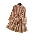 French court style lace embroidered hollow-out dress - women's spring long sleeve turn-down collar tie-waist a-line slimming dress