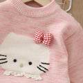 Girls' winter sweater: thickened inner layer with cartoon kitten design, knitted base layer, fleece-lined option, can be paired with a tutu skirt, crew neck