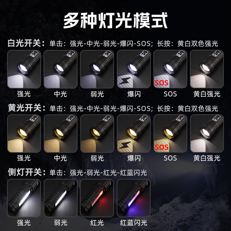 Cross-border new white laser flashlight USB charging white yellow light + red and blue warning side light tactical strong light flashlight