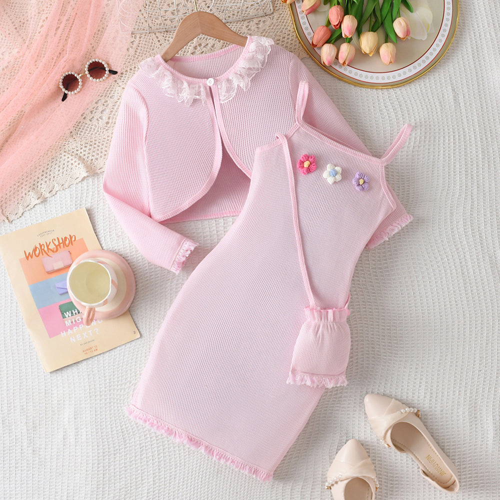 Girls' export dress set: pink suspender dress with long-sleeved floral patchwork outerwear - autumn two-piece outfit for children