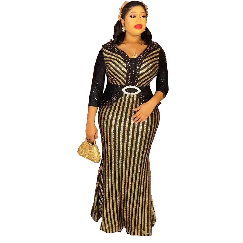 African cross-border  new arrival sequinfashion women's three-quarter sleeve fishtail long skirt sleeve fashion evening wear fashion