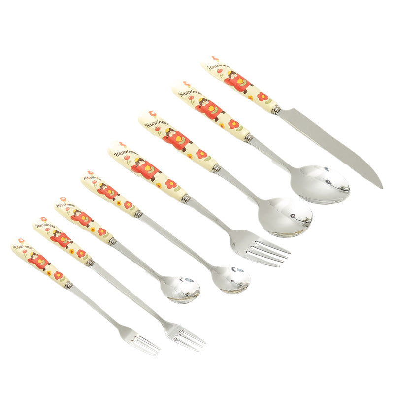 Cartoon girl ceramic handle high-temperature resistant anti-scald fork and spoon set, premium stainless steel cutlery, steak knife and fork