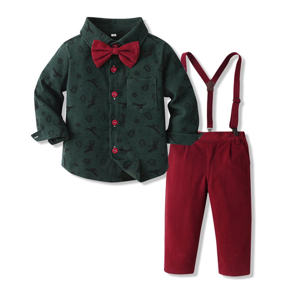 New autumn children's shirt printed christmas long sleeve bow tie mid-to-large kids gentleman's formal wear set customized children's clothing