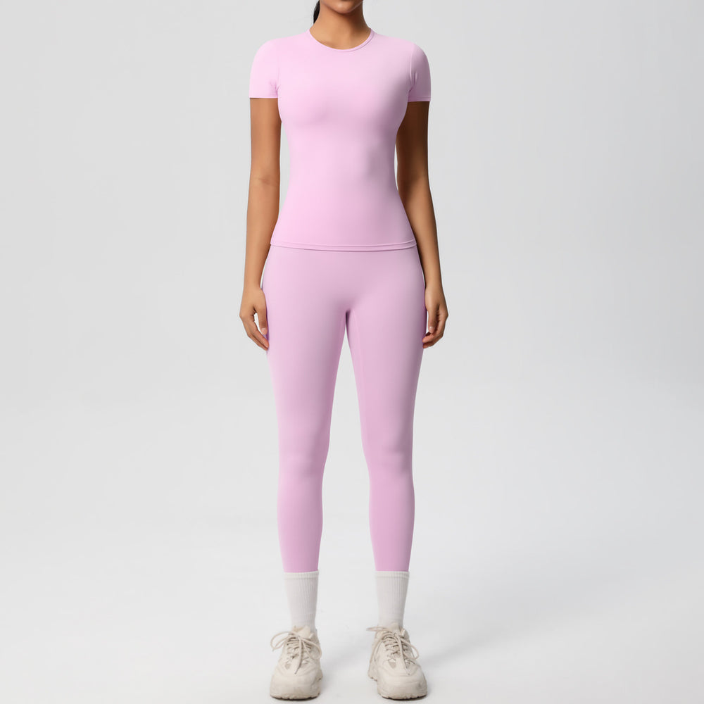 Ready-to-ship, solid color, double-sided brushed, breathable, form-fitting, two-piece activewear set for fitness, running, and yoga