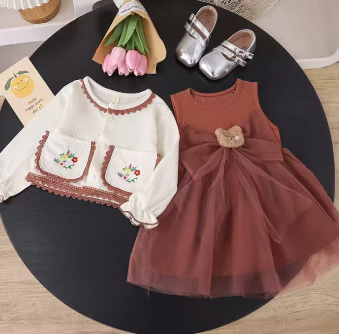 Girls' dress - new autumn collection: stylish long-sleeve dress with floral embroidery, country style cardigan two-piece set, baby girl tulle skirt