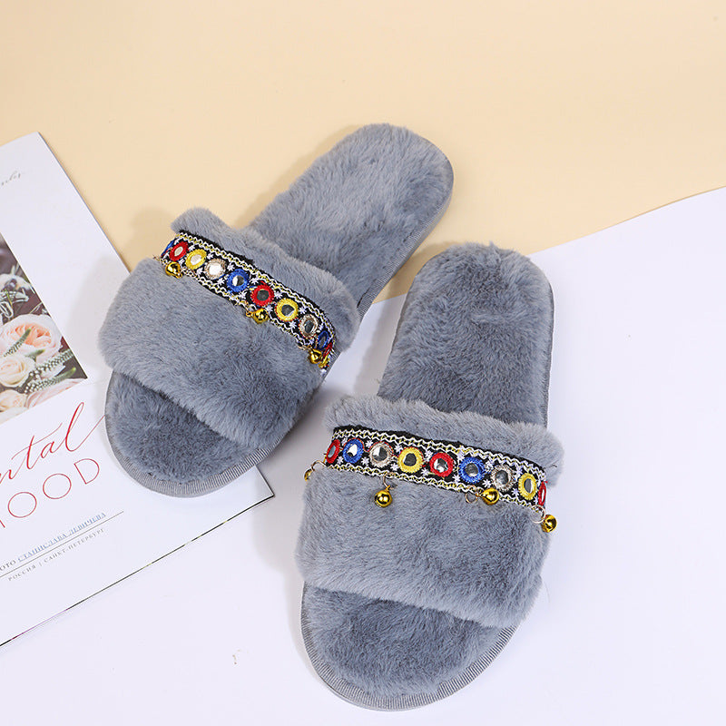 autumn and winter new arrival one-line soft bottom ethnic style fur slippers women's foreign trade large size fur ball heattech cotton dropshipping