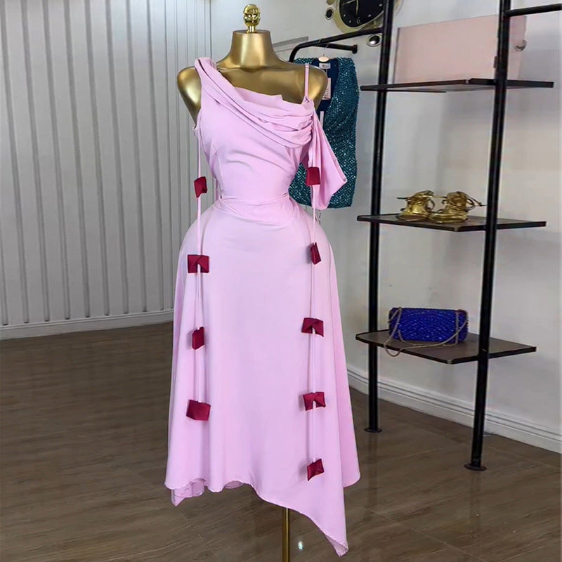 European and american cross-border women's fashion:  summer new arrival - elegant one-shoulder camisole high-waisted slimming decorative midi dress