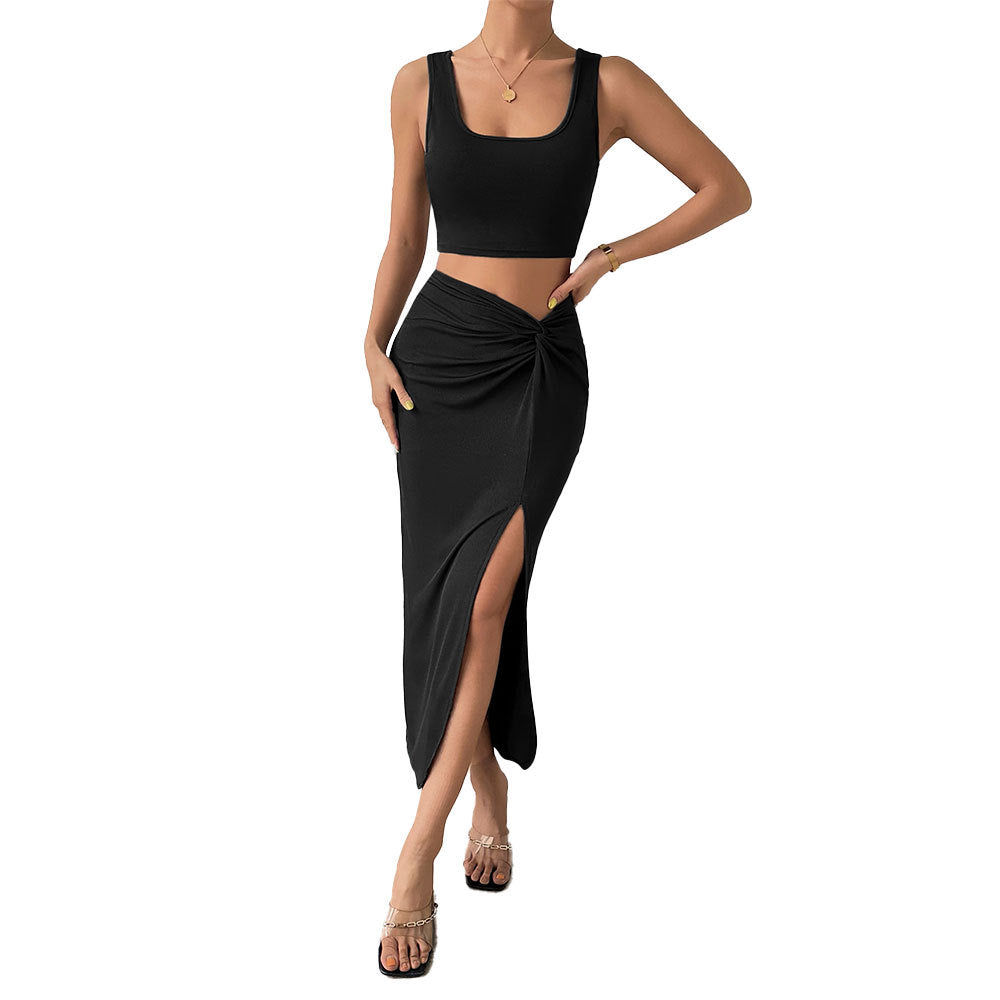 spring/summer  women's fashion: elegant sleeveless vest and midi skirt two-piece set - new spring collection