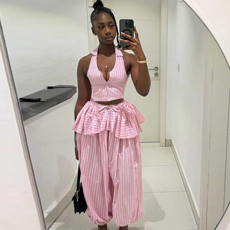 Fashion cross-border women's clothing  summer new style elegant lapel stripes sleeveless tops leather curtain wide-leg pants suit