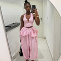 Fashion cross-border women's clothing  summer new style elegant lapel stripes sleeveless tops leather curtain wide-leg pants suit