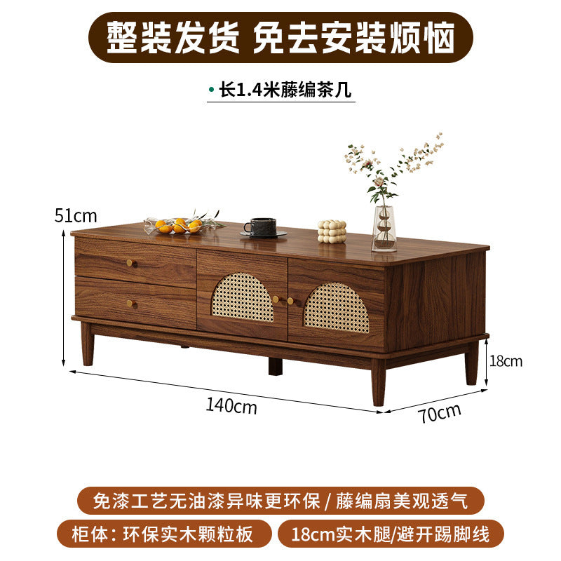 Retro rattan solid wood frame TV cabinet household coffee table combination small apartment living room storage locker integrated new model