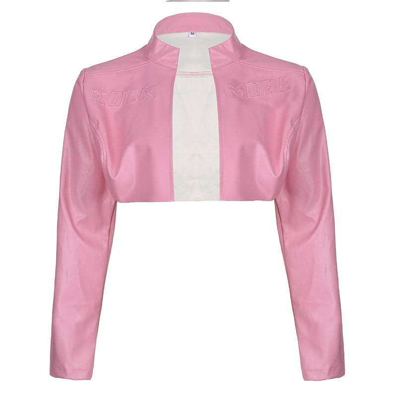 C25671 European and American sexy babes locomotive style pink basic coat baseball jacket top fashion women's autumn