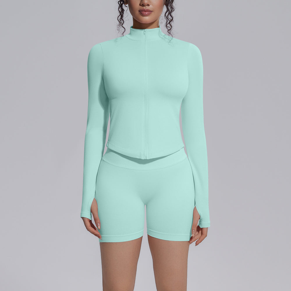 New zip-up jacket & quick-dry butt-lifting compression shorts activewear set - seamless knit running, fitness & yoga outfit for women