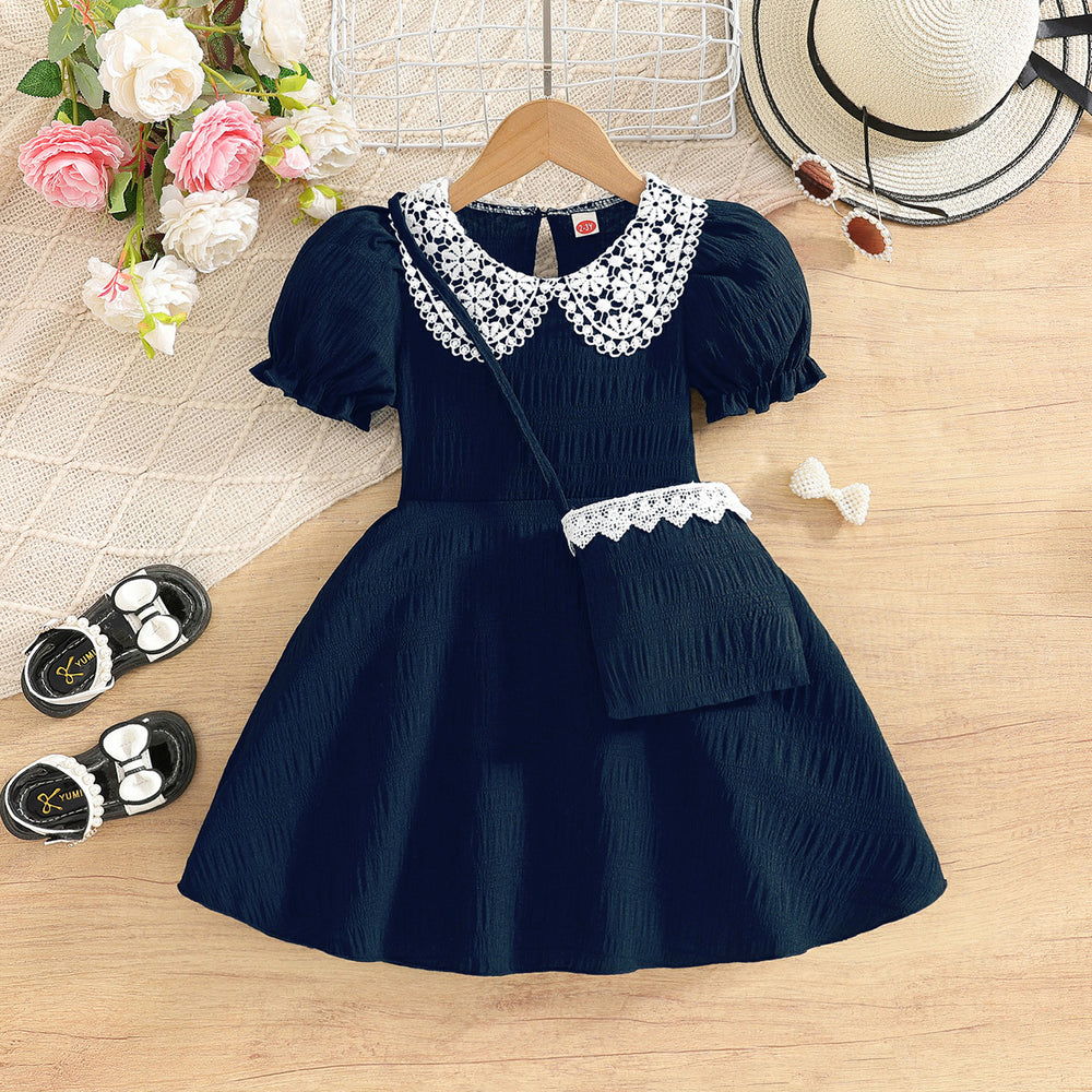 spring new arrivals: girls' european & american elegant style lace collar a-line dress with matching bag two-piece set