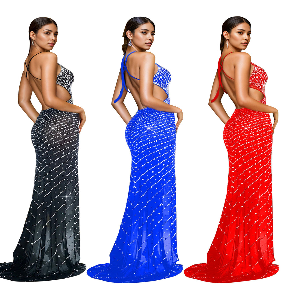 C7023 cross-border   independent station fashionfashion women's rhinestone v neck sleeveless dress long skirt