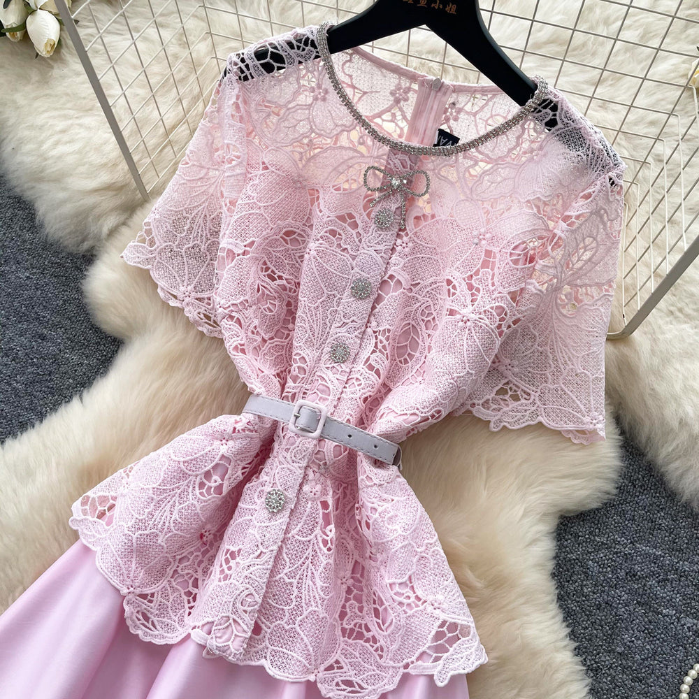 Elegant pink lace cutout patchwork satin a-line dress - slimming, chic, and perfect for summer workwear
