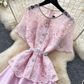 Elegant pink lace cutout patchwork satin a-line dress - slimming, chic, and perfect for summer workwear