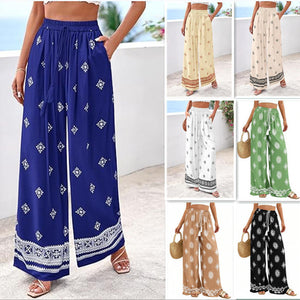 spring/summer new women's bohemian print tie-waist wide-leg pants for beach & vacation casual wear