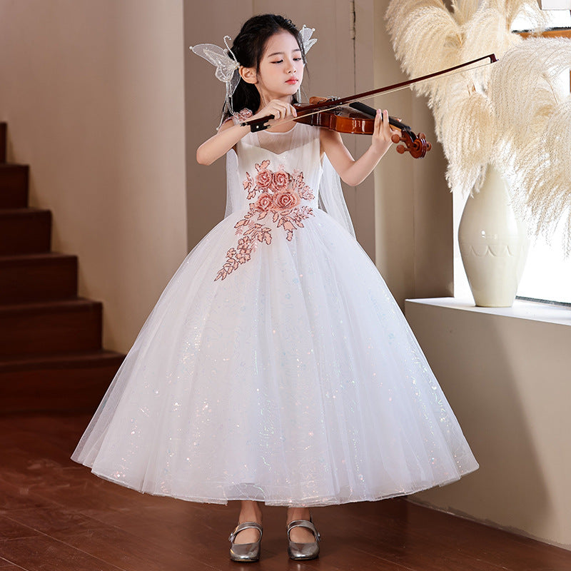 Girls' high-end formal dress  new arrival: shawl and ribbon detail, european and american style, perfect for piano recitals, banquets, and evening events. in stock for cross-border e-commerce