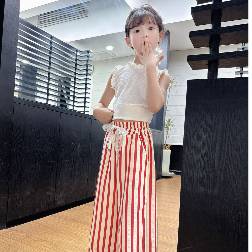 Girls' pants  new korean style kids striped lace waistband loose wide leg pants girls summer straight leg trousers