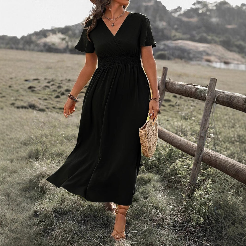 2024 european and american cross-border amazon summer new arrival: solid color v-neck flared sleeve elastic waist slimming slit maxi dress