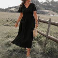 2024 european and american cross-border amazon summer new arrival: solid color v-neck flared sleeve elastic waist slimming slit maxi dress