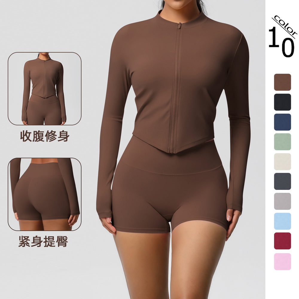 Ready-to-ship cross-border double-sided brushed solid color fitted zip-up jacket yoga set workout running fitness set for women